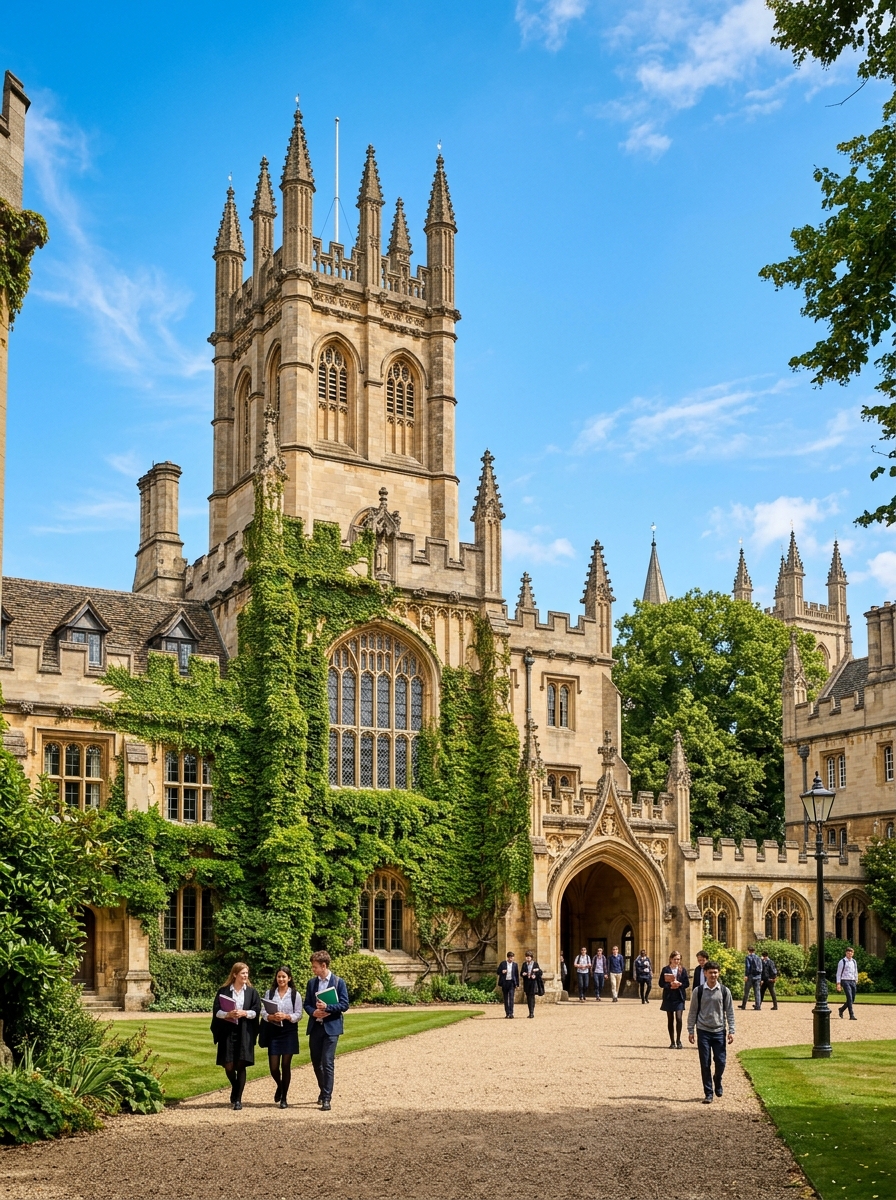 An ivy-covered Gothic college building under a bright sky.